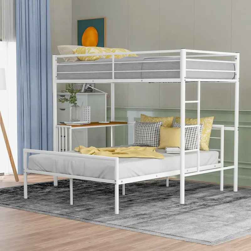 White Twin Over Full Size Metal Bunk Bed With Desk By Homeroots