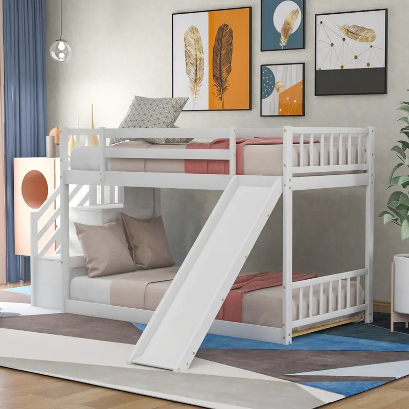 White Twin Over Twin Bunk Bed With Stairway And Slide By Homeroots