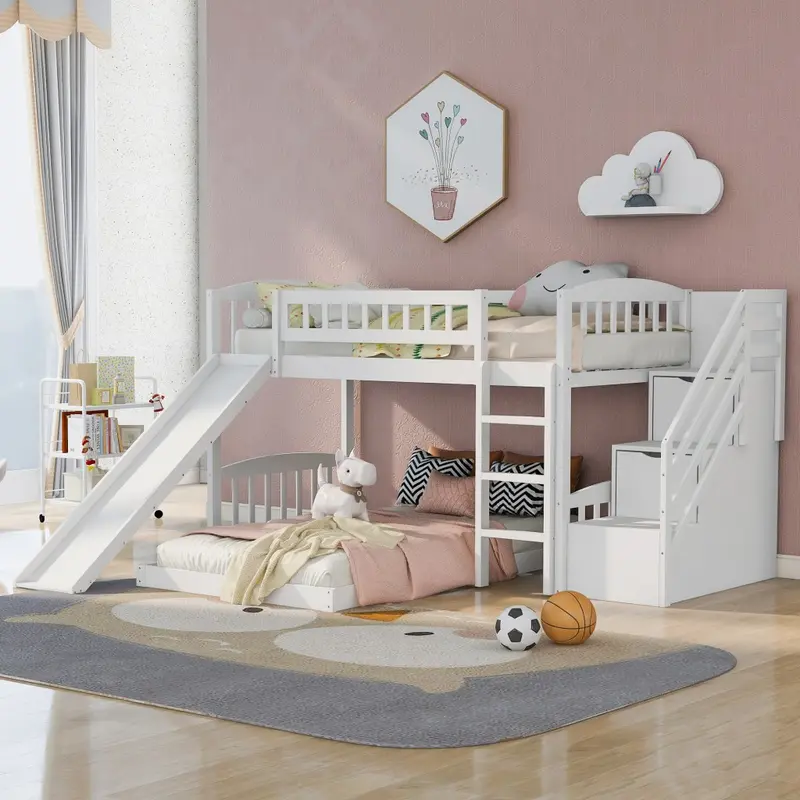 White Twin Over Twin Perpendicular Bunk Bed With Storage Stairs And Slide By Homeroots