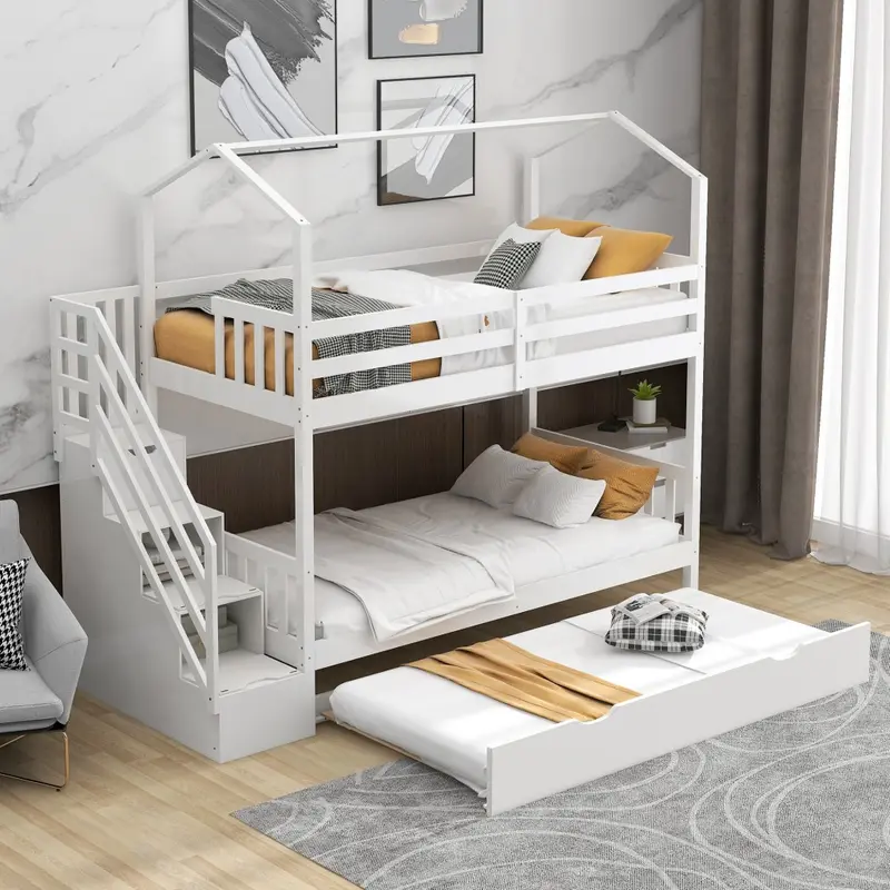 White Twin Over Twin Playhouse Bunk Bed With Trundle And Staircase By Homeroots