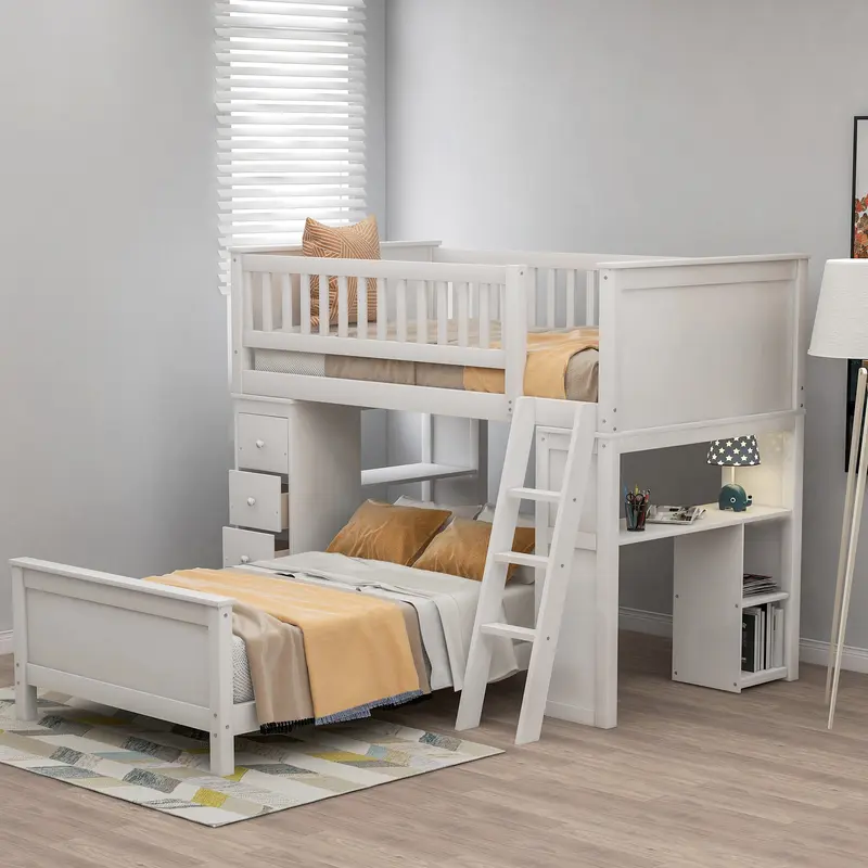 White Twin Over Twin Size Bed With Shelves And Drawers By Homeroots