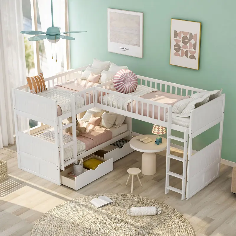 White Twin Size Bunk Bed With Attached Loft Bed And Drawers By Homeroots