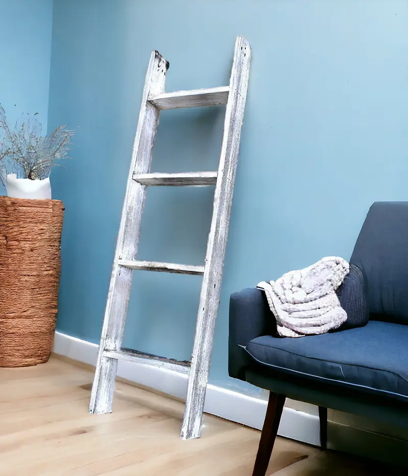 Whitewash Rustic Four Step Wood Ladder Shelf By Homeroots