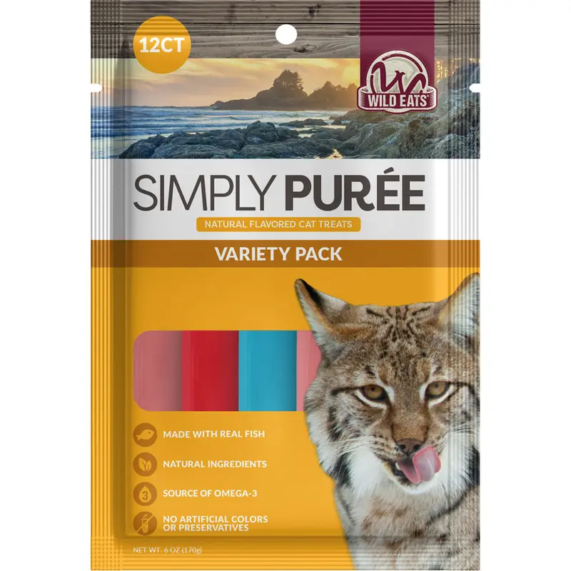 Wild Eats Cat Puree Treats Tuna Snapper Salmon 6 oz 12 pk – Natural Fish Variety Pack with Omega 3