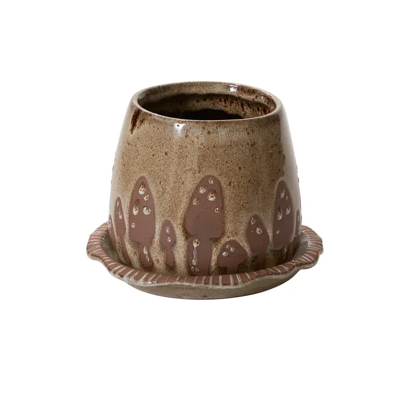 Wild Mushroom Pot with Saucer Set of 2 By Accent Decor