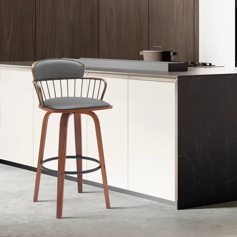 Willow 25.5" Swivel Walnut Wood Counter Stool in Gray Faux Leather with Golden Bronze Metal By Armen Living