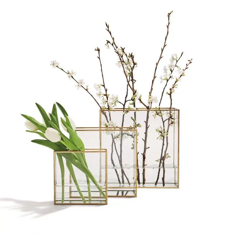 Windows Square Vase W/Gold Metal Trim In 3 Sizes Set Of 9 By Tozai Home