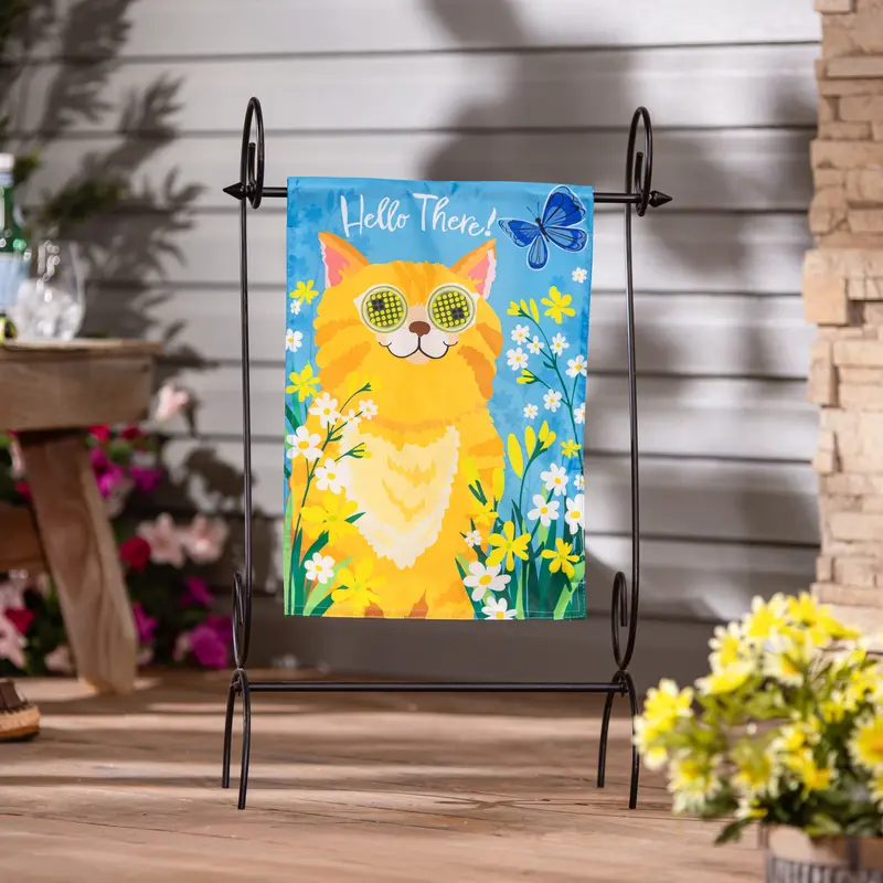 Winky Blinky Hello There Cat Applique Lighted Garden Flag