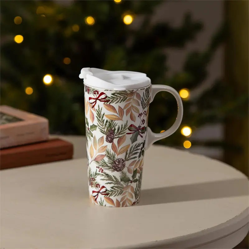 Winter Grove Travel Cup Ceramic Perfect Cup, Foliage, 17oz, Gift Box
