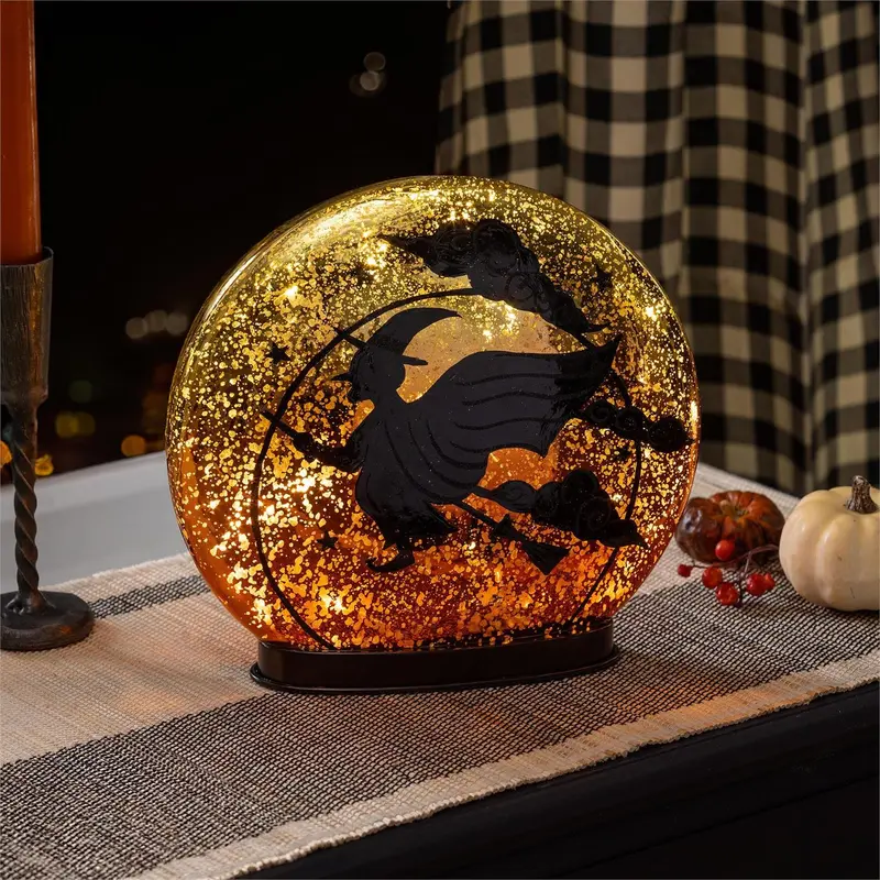 Witch on Broom LED Crackle Glass Table Décor, 9.75"H