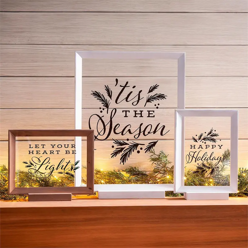 Wood Framed Décor, Set of 3 "Happy Holidays" "Let Your Heart Be Light" "Tis the Season"