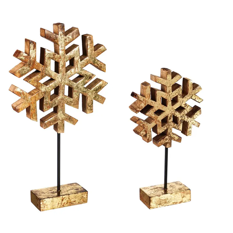 Wood Metallic Finish Snowflake on Stand Table Décor, Set of 2