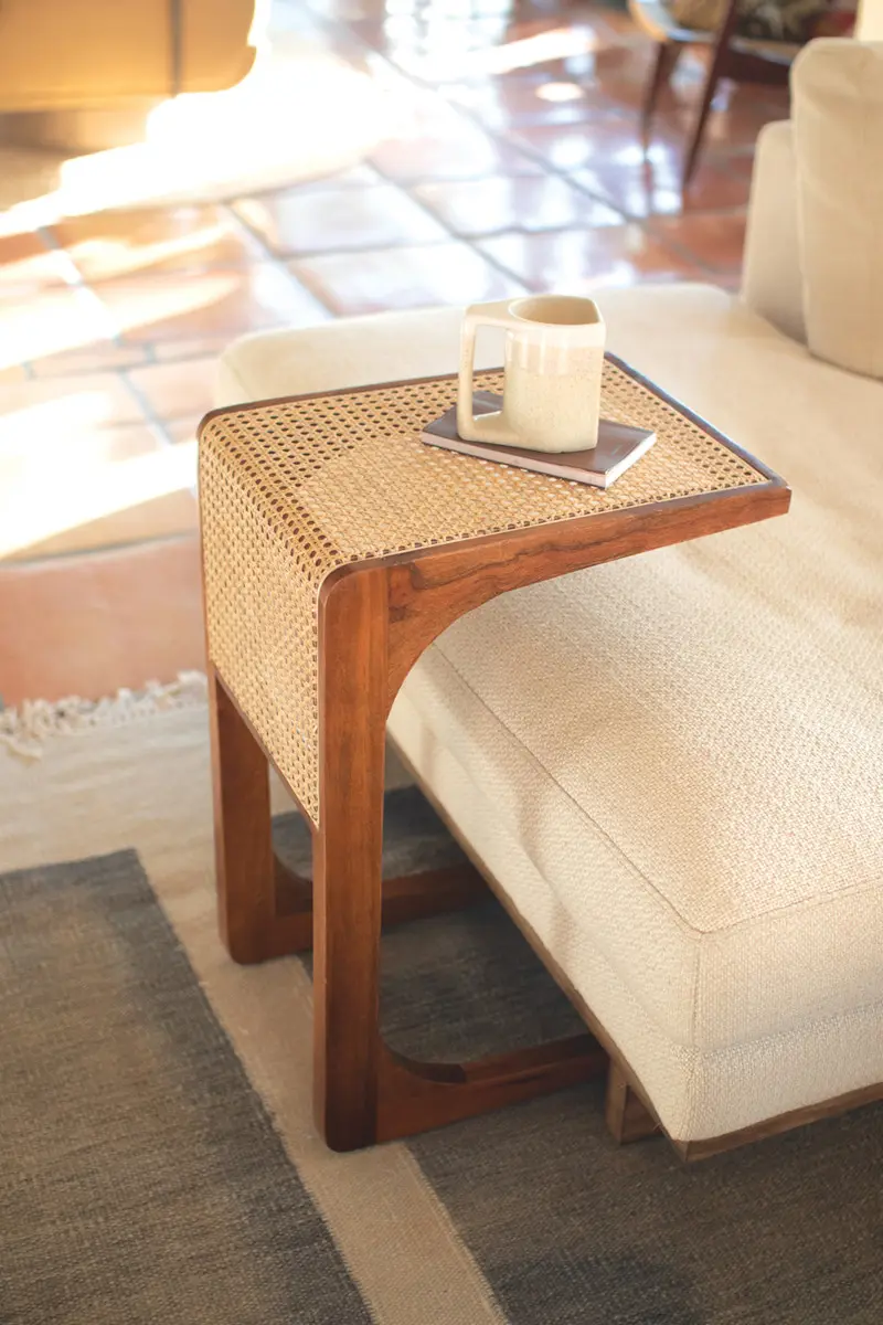 Wood Side Table With Woven Cane Detail By Kalalou