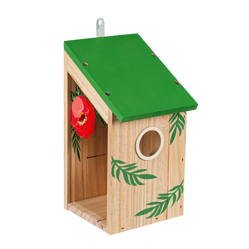 Wooden Bird House with Acrylic Viewing Window, Pink Flower