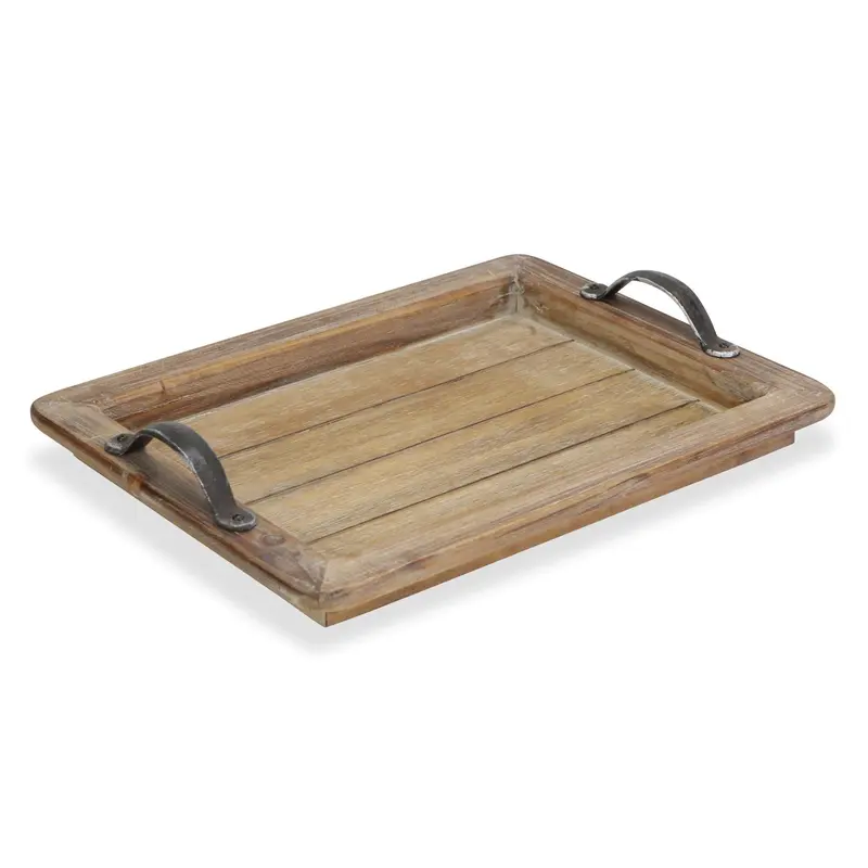 Wooden Paneled Tray With Metal Handles By Homeroots