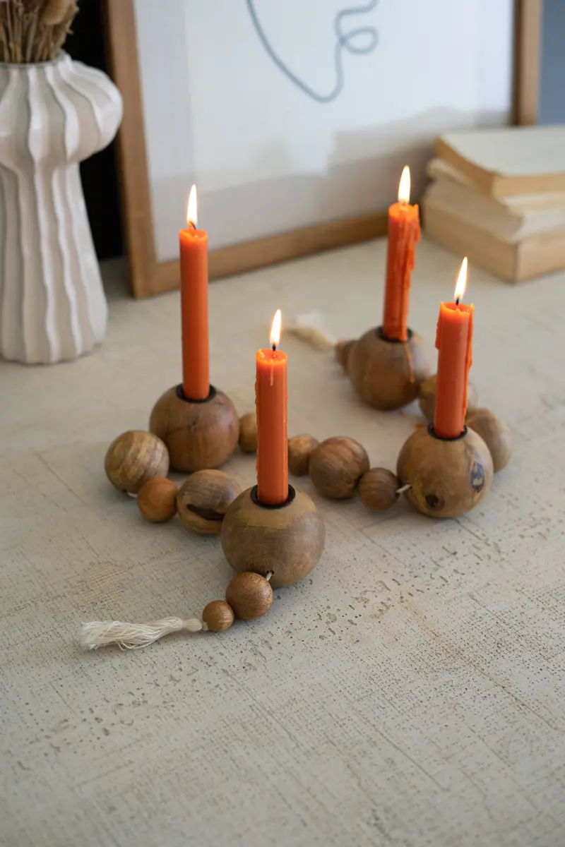 Wooden Spheres Strung Taper Holders By Kalalou