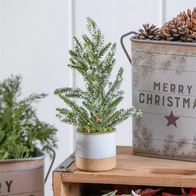 Woodland Storybook Faux Floral Table Decor Mini Frosted Tree with Pot, 11", CDU
