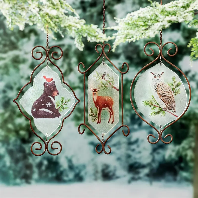 Woodland Storybook Garden Accent, Glass Hanging Decor, Forest Animal, Asst of 3