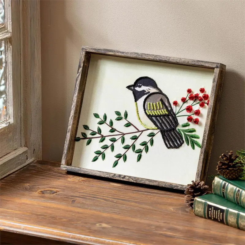 Woodland Storybook Wall Decor, Wood & Textile, Beaded Chickadee, 11" L x 9" H