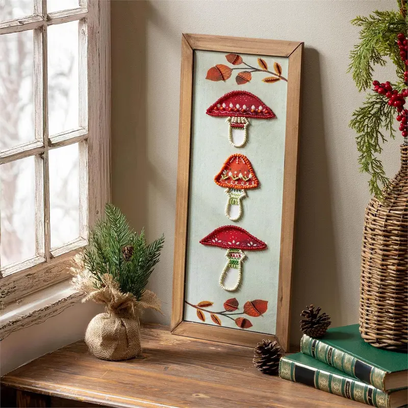 Woodland Storybook Wall Decor, Wood & Textile, Beaded Mushroom, 8" L x 18" H