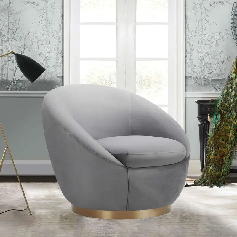 Yves Gray Velvet Swivel Accent Chair with Gold Base By Armen Living