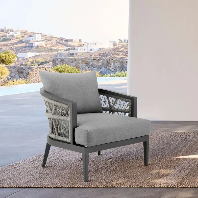 Zella Outdoor Patio Armchair in Aluminum with Light Gray Rope and Earl Gray Cushions By Armen Living