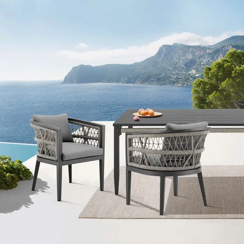 Zella Outdoor Patio Dining Chair in Aluminum with Light Gray Rope and Earl Gray Cushions - Set of 2 By Armen Living