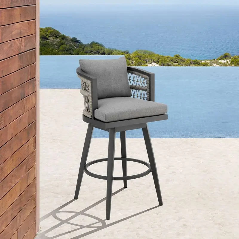 Zella Outdoor Patio Swivel Bar Stool in Aluminum with Light Gray Rope and Earl Gray Cushions By Armen Living