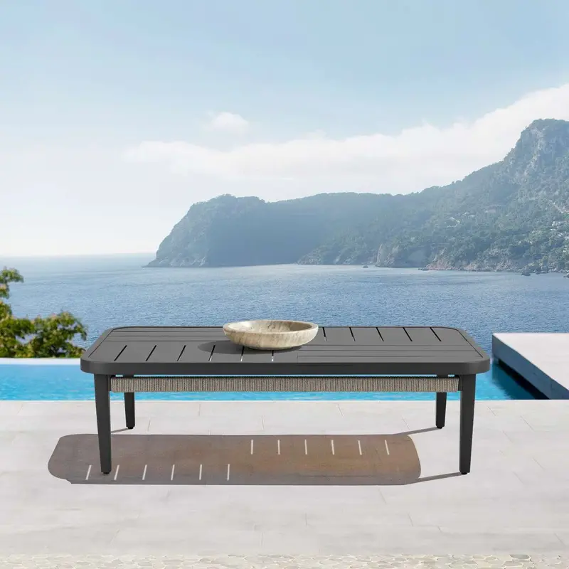 Zella Rectangular Coffee Table in Aluminum with Charcoal Finish and Light Gray Rope By Armen Living