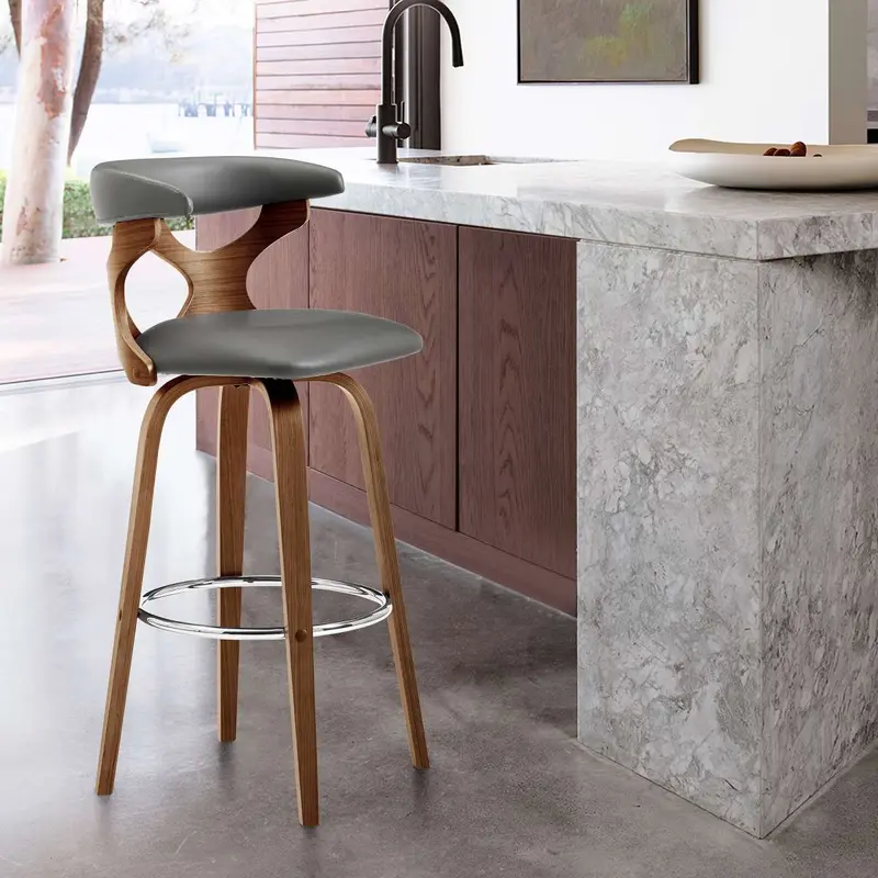 Zenia 30" Swivel Bar Stool in Gray Faux Leather and Walnut Wood By Armen Living