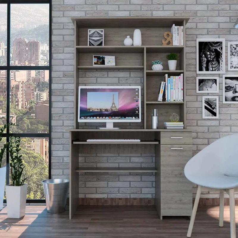 Zeno Light Gray Computer Desk with Hutch By Homeroots