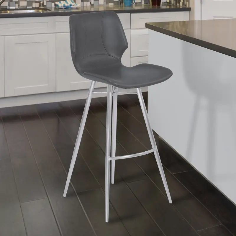 Zurich 26" Counter Height Metal Barstool in Vintage Gray Faux Leather with Brushed Stainless Steel Finish By Armen Living